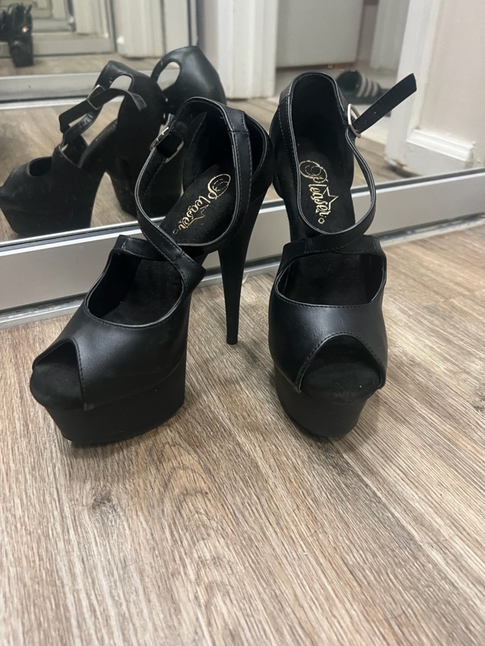 Pleasers Black Platform Peep-Toe High Heels with Ankle Strap